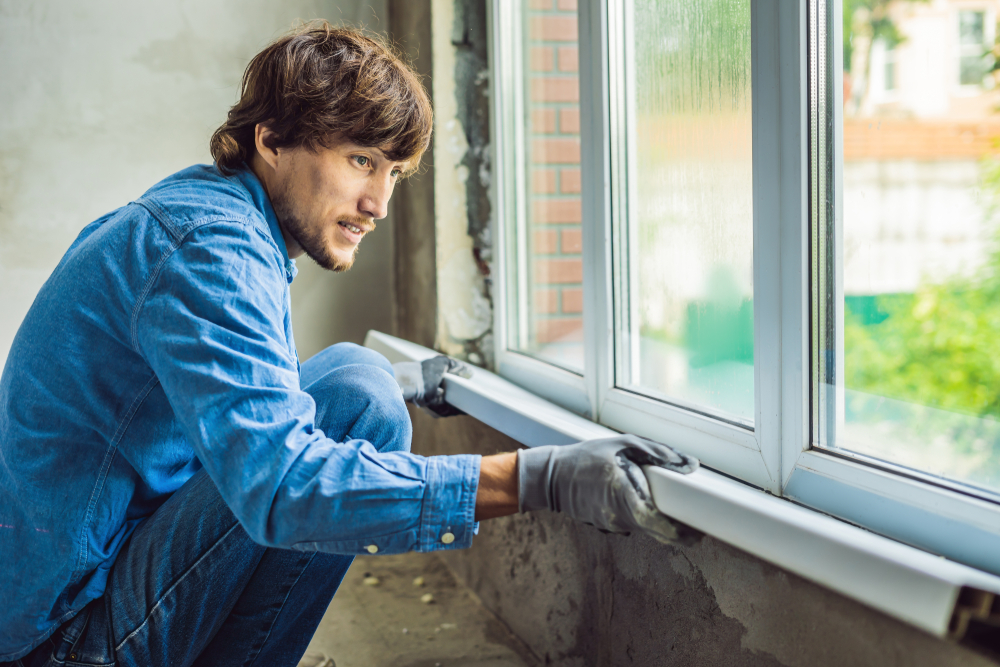 Professional glass technician replacing a damaged residential window glass pane using proper safety equipment
